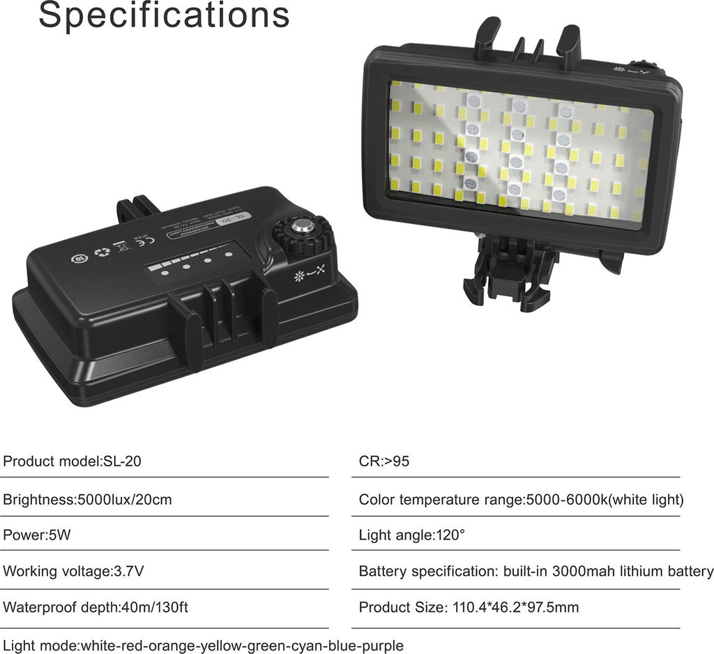 Andoer SL-20 Wasserdichtes RGB-Fülllicht, LED-Video, 8 Beleuchtungsmodi, CRI95+, dimmbar, IPX8, Unterwasser, 40 m, eingebauter wiederaufladbarer A...