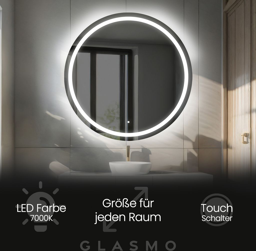Badspiegel mit LED Beleuchtung 120 cm Nova - Rund Spiegel mit Beleuchtung - Kaltweiß 7000K - Badezimmerspiegel Lichtspiegel mit Touch Schalter
