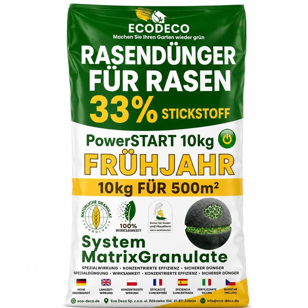 ECODECO Rasendünger Frühjahr 10 kg - Organischer Dünger Rasen Stickstoff - Organisch und Langzeit Frühjahrsdünger - 2 kg für 100 m²