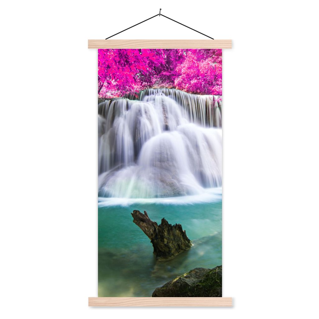 MuchoWow Textilposter Wasserfall - Rosa - Bäume 60x120 cm mit holzfarbenen Rahmen - Holz