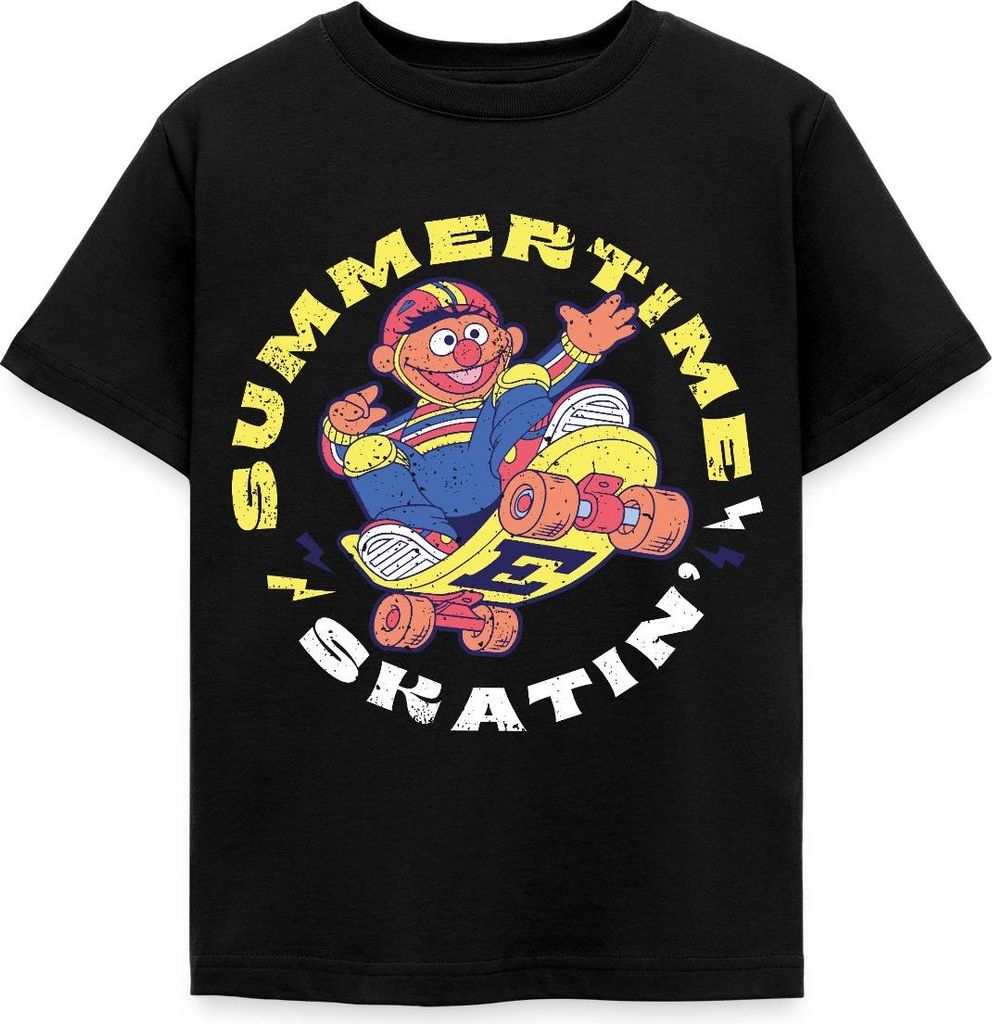 Spreadshirt Sesamstraße Ernie Summer Time Skatin' Skate Design Kinder T-Shirt, 110/116 (5-6 Jahre), Schwarz