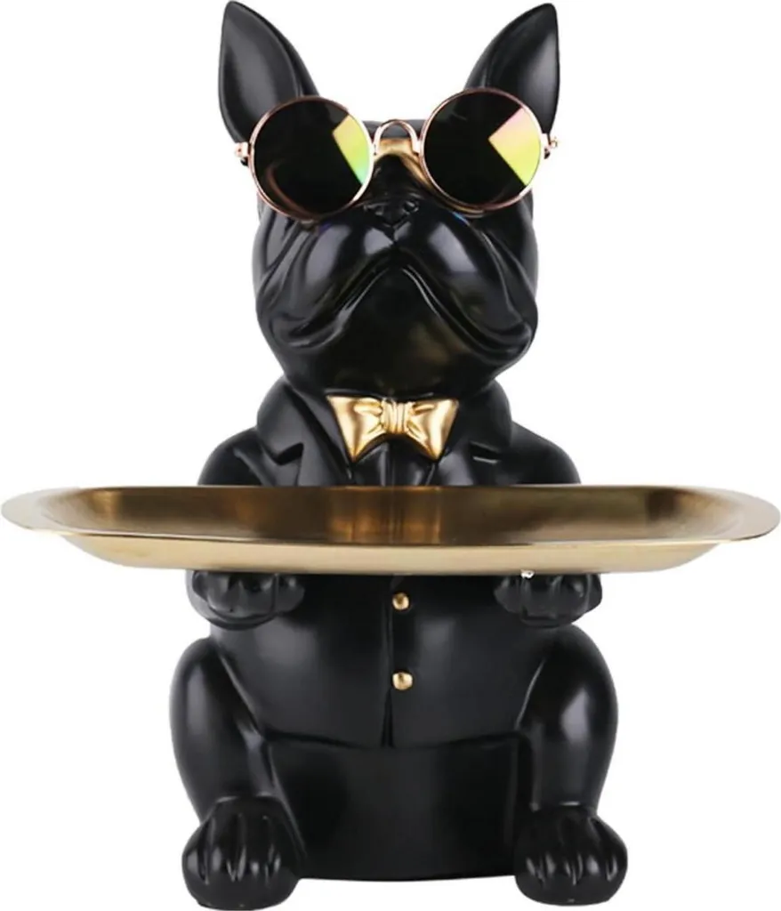 XYQXYQ Statue Bouledogue Noir avec Plateau de Rangement Décorative