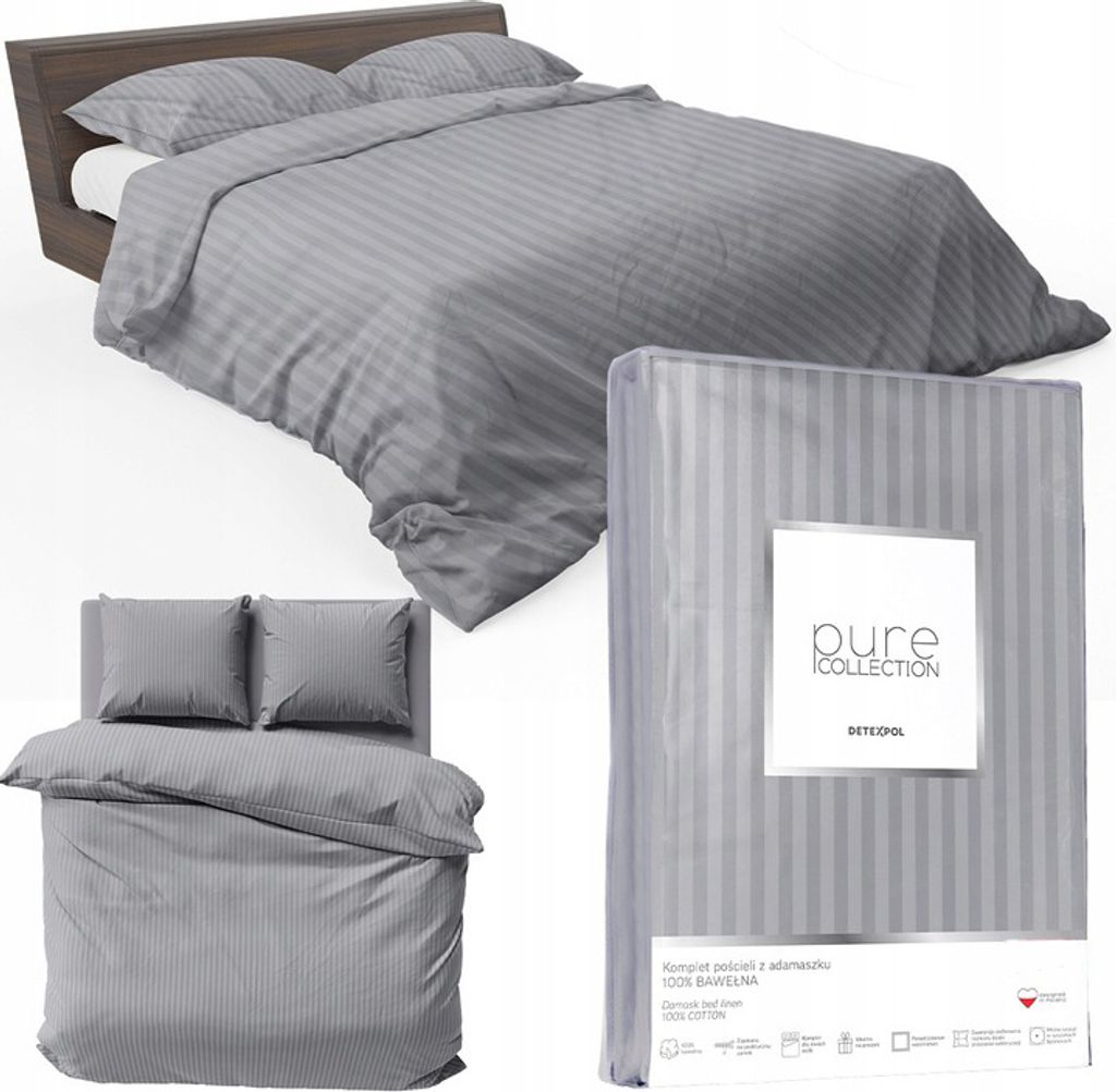 A collage of images showing a grey striped satin bedding set, including a duvet and pillows on a bed, and a packaged set.
