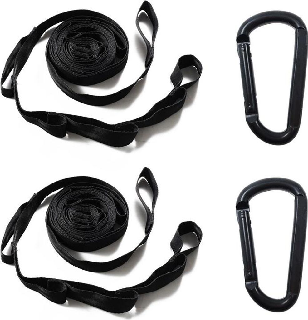 INF 2er-Pack Schwarze Hängemattengurte mit Schlaufen und 2 Karabinerhaken