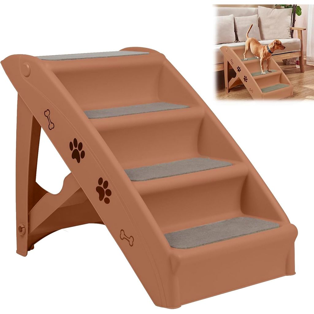 Faltbare 4-Stufen-Hundetreppe mit rutschfester Matte,H50cm, Hunderampe für Katzen& Hunde bis 75kg, tragbare Haustiertreppe für Bett or Sofa, Hell...