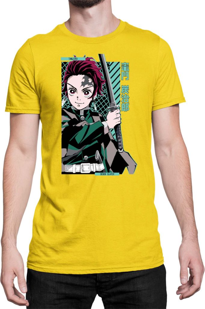 Herren T-Shirt Demon Anime Slayer Kimetsu No Yaiba Tanjiro Kamado 100, Man 2XL / Gelb