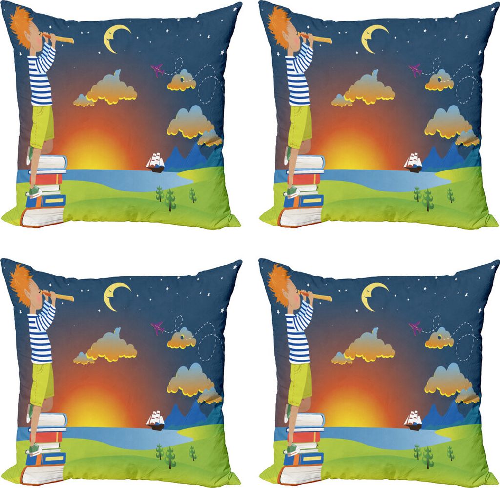 ABAKUHAUS Abenteuer Kissenbezug Set (4 Stück), Boy Blick auf den Himmel, Moderner Doppelseitiger Digitaldruck, 60 cm x 60 cm, Mehrfarbig