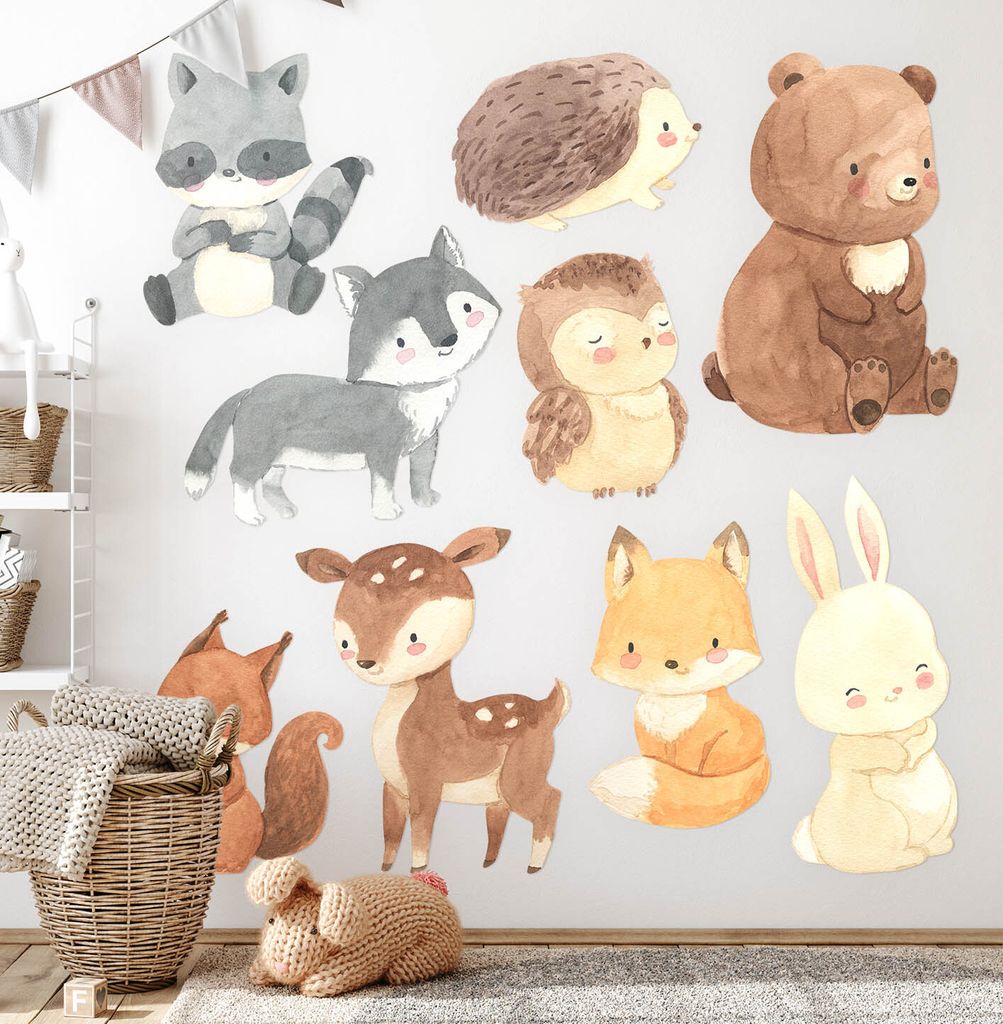 Waldtiere– Wandgestaltung – Wandbilder Kinder – Motivtapeten Set – Wanddekor Kinderzimmer – Selbstklebende Wandsticker – 60x104 cm