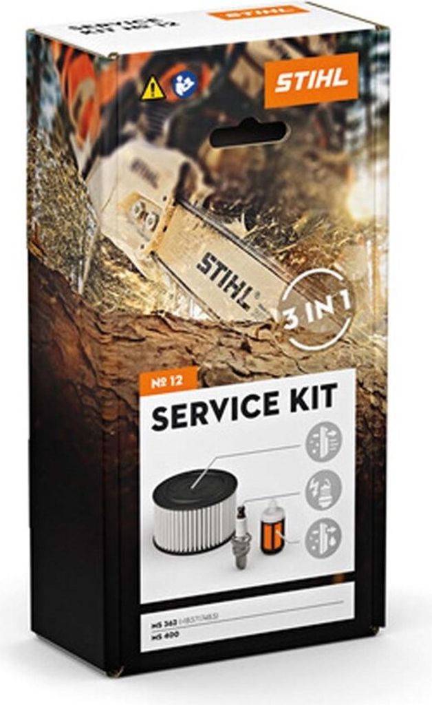 A product box for a STIHL service kit, showing images of a chainsaw and the kit's contents.