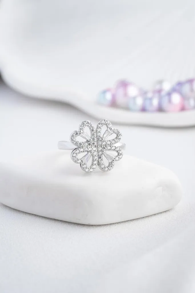 Bague porte-bonheur trèfle tournant pour femme, argent 925 ajustable et chic