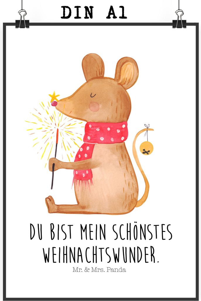 Mr. & Mrs. Panda Bild Maus Weihnachten DIN A1 - Weiß - Geschenk, Frohe, Kunstdruck, Mäuschen, Weihnachtsmotiv, drucke, wanddeko, Wandbild, Weihna...