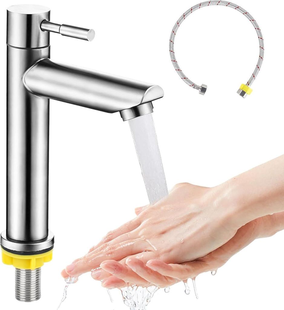 Kaltwasserhahn aus Edelstahl, Einhebelmischer, 60 cm Schlauch, für WC, Badezimmer, Küche
