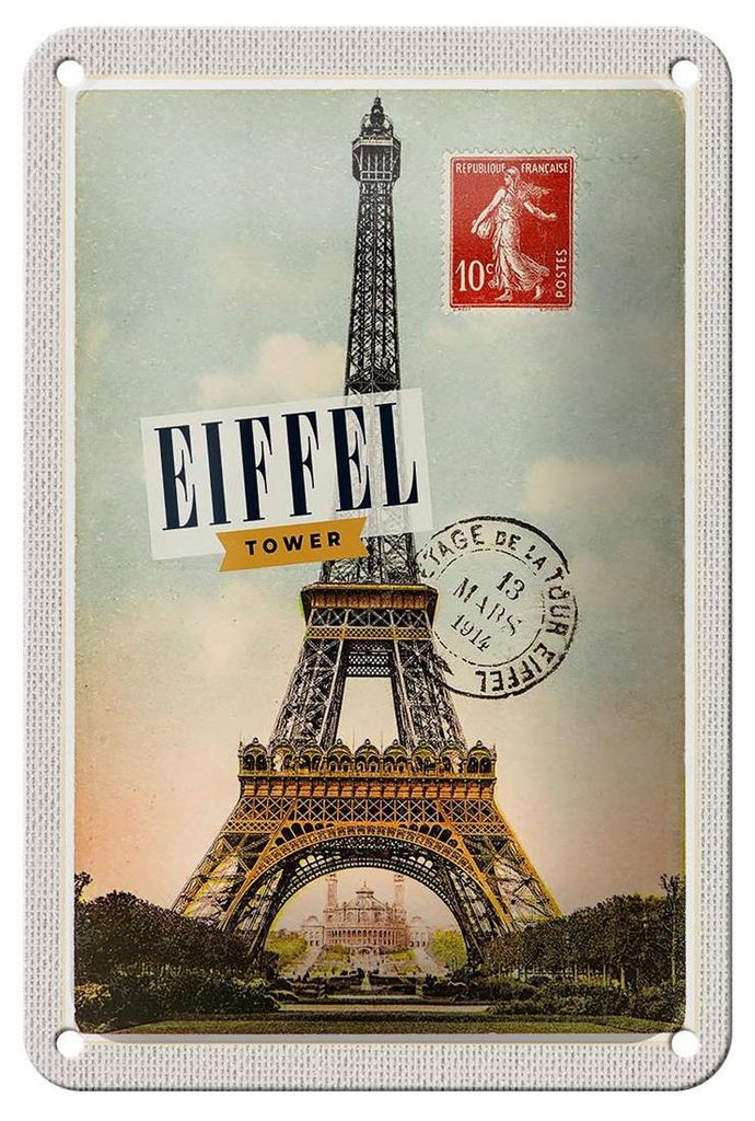 Blechschild Reise 12x18cm Eifell tower 13 Mars 1914 10c postes Schild