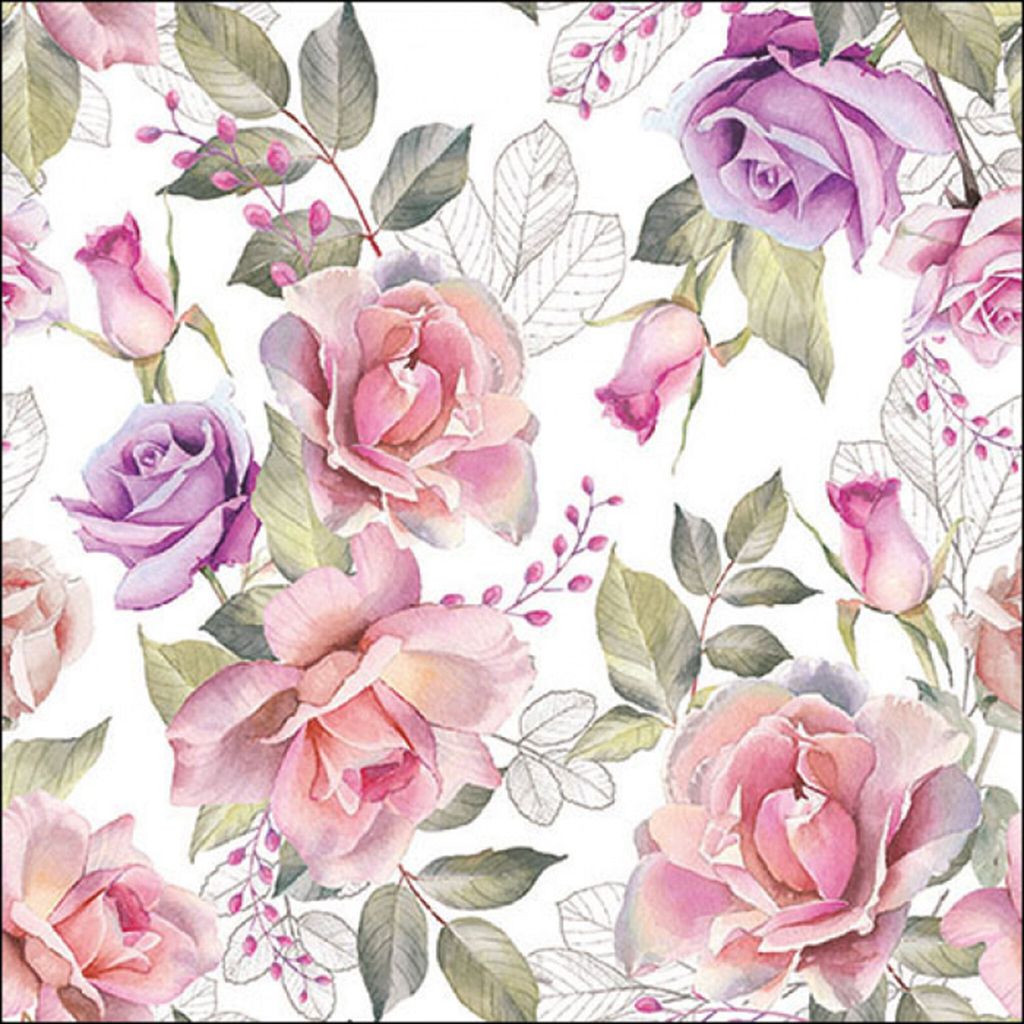 Servietten Papier 33x33cm 3-lagig mit Aquarellrosen Motiv 20 Stück