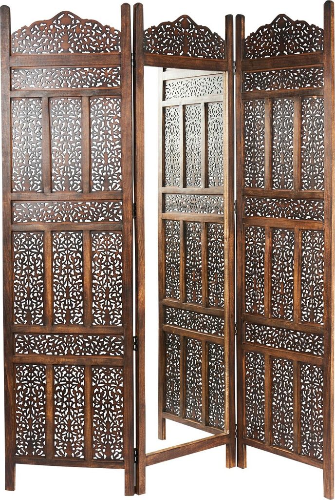 Orientalischer Paravent Raumteiler Holz Spiegel Elroi 150 x 180cm hoch Braun | Indischer Trennwand als Raumtrenner oder Dekoration im Zimmer oder S...
