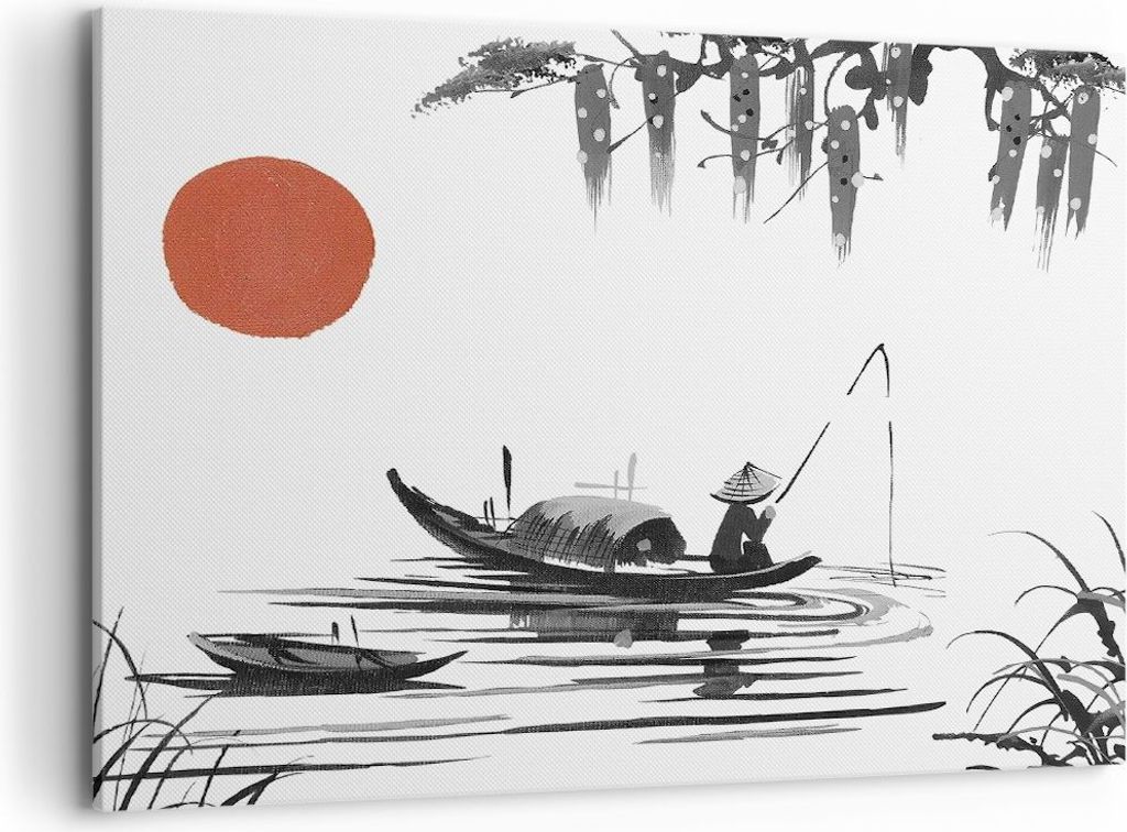 Bild auf Leinwand - Leinwandbild - Einteilig - China Angler Zeichnen - 100x70cm - Wand Bild - Wanddeko - Wandbilder - Leinwanddruck - Bilder - Wand...