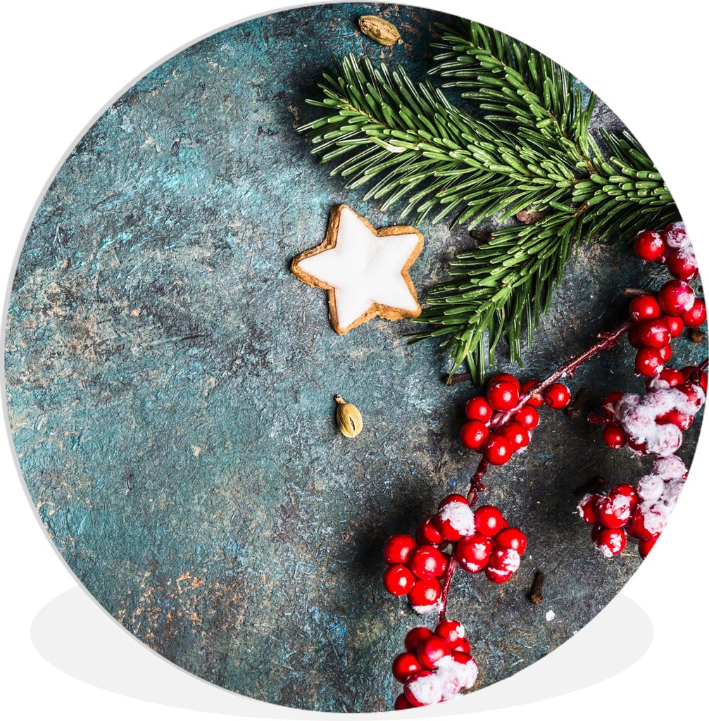 MuchoWow Rundes Wandbild - Runde Bilder Weihnachten - Rustikal - Zweige - Sternanis - Beeren - Rot Ø 30 cm Kreis Wanddekoration Kunststoff - Wan...