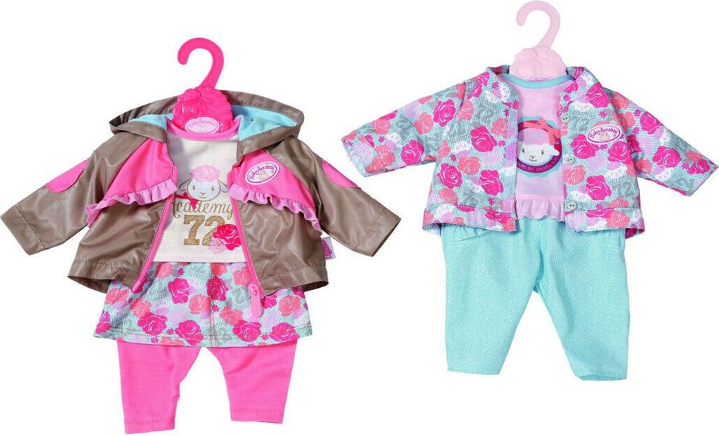 Two outfits for a baby doll are displayed on hangers against a white background.