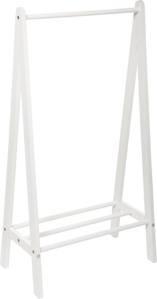 A white wooden A-frame coat rack.