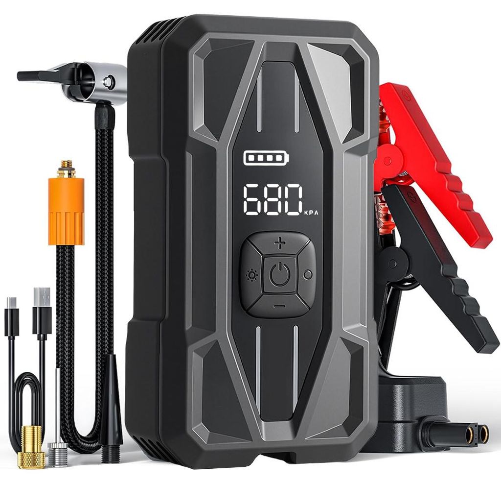 PD-JA5 5000A Starthilfe Powerbank mit Luftkompressor 150PSI Reifenfüller 12V USB-C PD30W LCD Taschenlampe für Benzin Diesel Motoren
