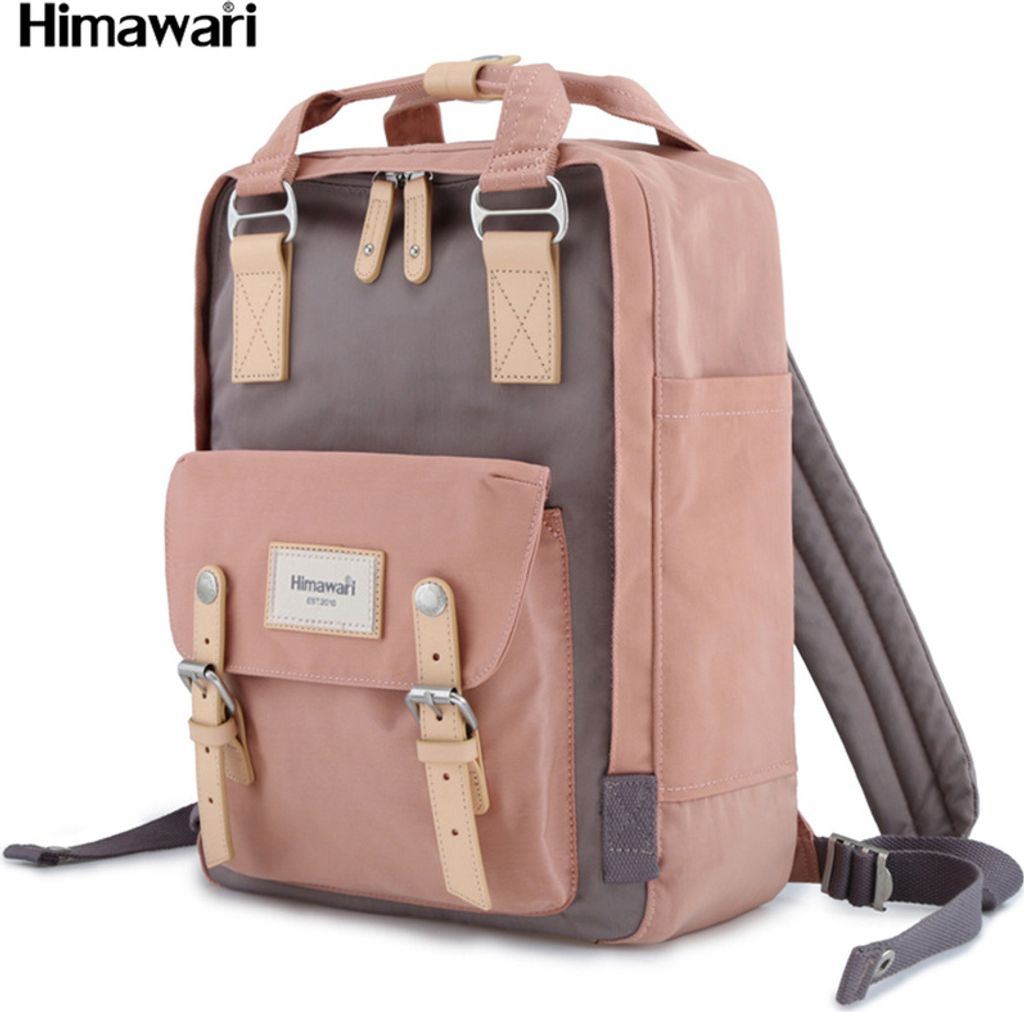 Himawari | Wasserdichter Schulrucksack, für Laptop, mit Fächern, Braun, Rosa, 28x38x15 cm