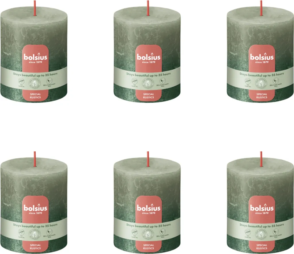 Bolsius Bougies Rustiques 80/68 Métallique Vert Olive - Pack de 6 Pièces