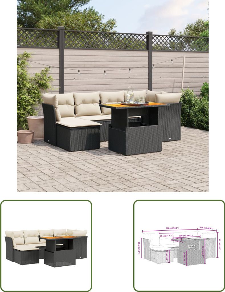 The Living Store 7-tlg. Garten-Sofagarnitur mit Kissen Schwarz Poly Rattan