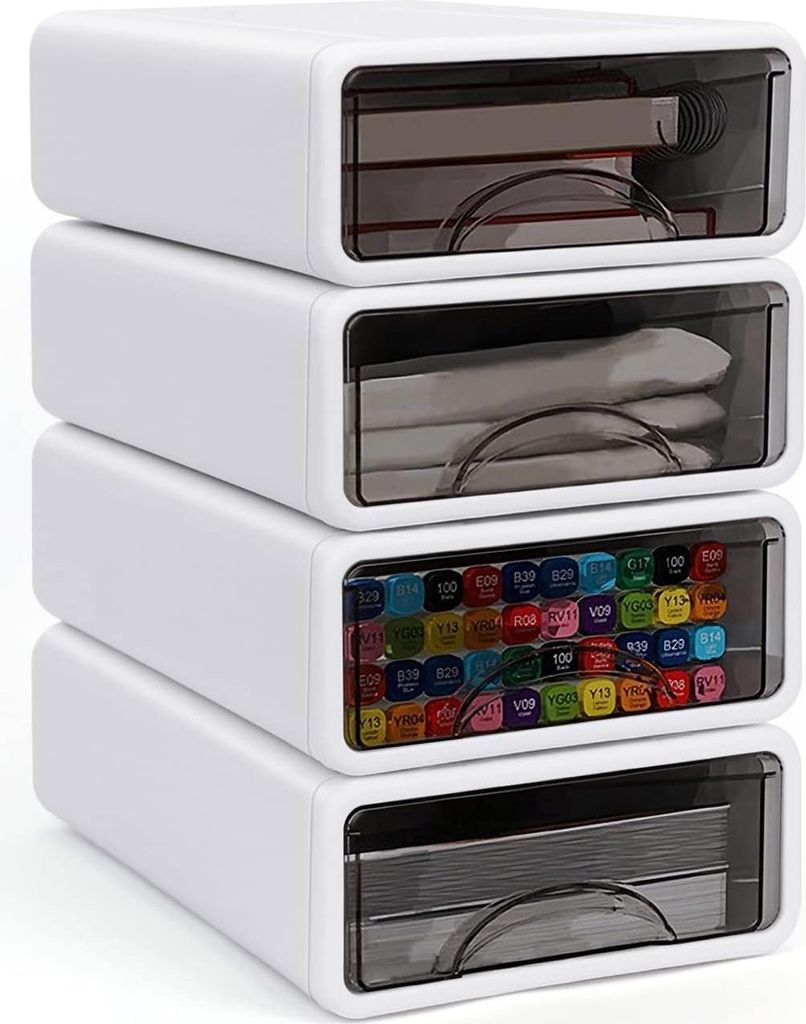 Set von 4 stapelbaren Schubladenboxen, Schreibtisch mit Schubladen, Schreibtisch-Organizer-Schubladen, Schubladenboxen, Kunststoff-Aufbewahrungsbox...