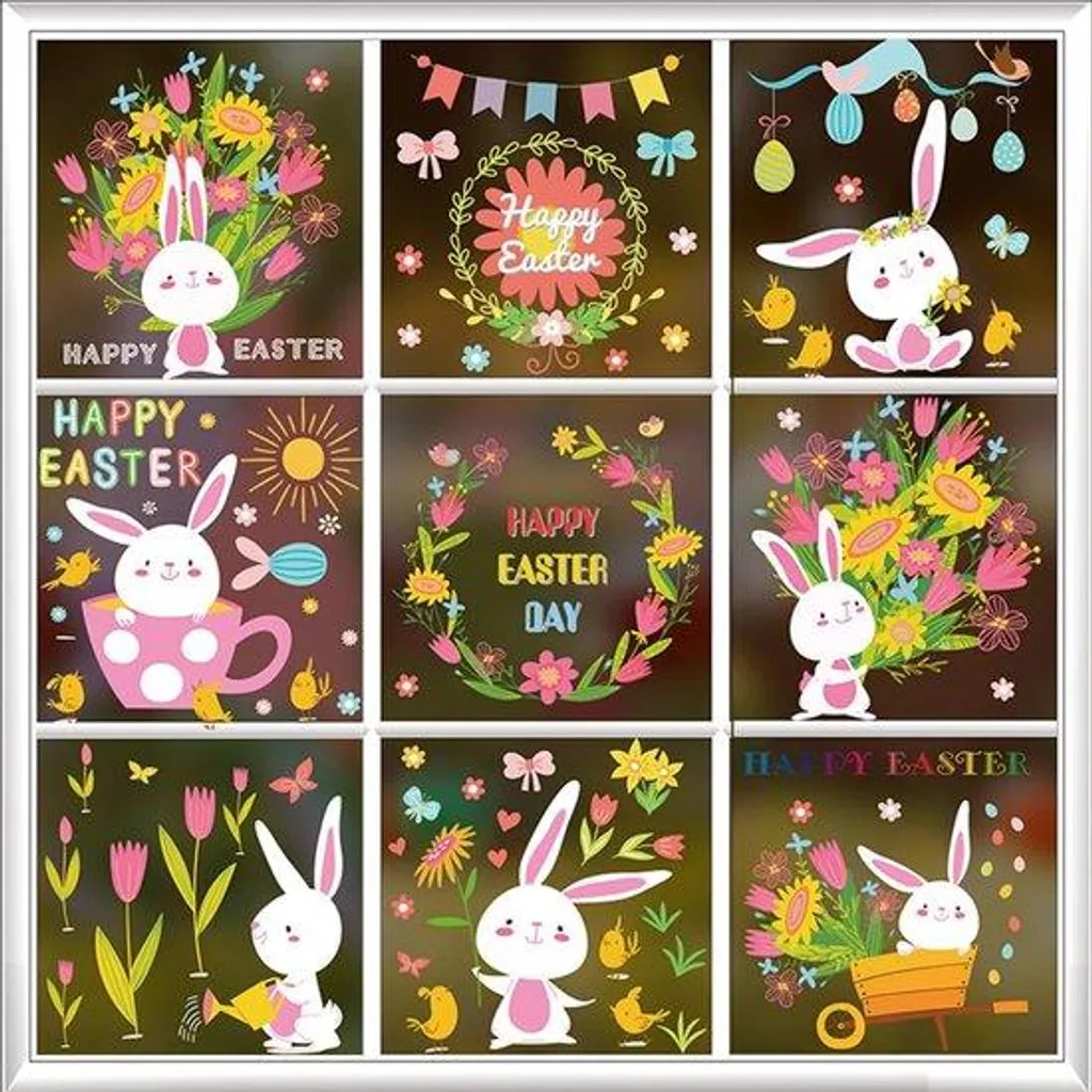 Décoration de Pâques pour cadres et fenêtres, 9 stickers ludiques