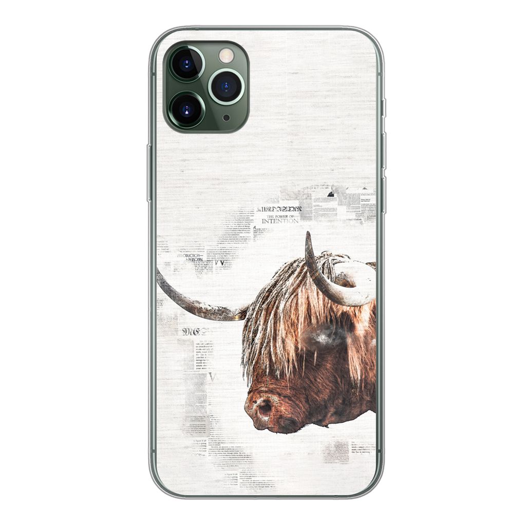 MuchoWow Handyhülle Schutzhülle Hülle für iPhone 11 Pro Max Scottish Highlander - Tiere - Zeitungspapier Silikon Softcase Handy Hülle - Schutz