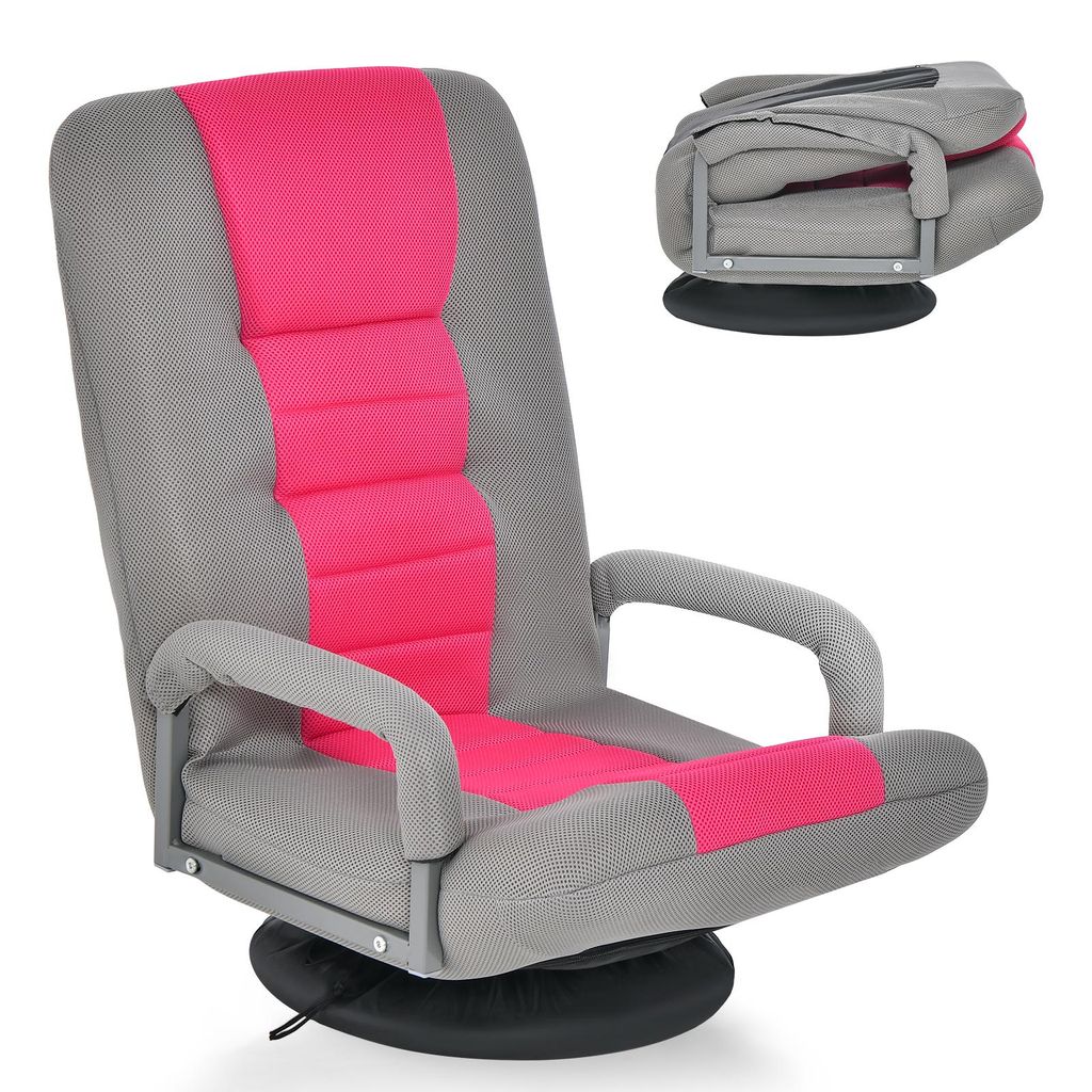 A floor chair with armrests and a 360-degree swivel base, shown from a diagonal angle. A smaller inset image shows the chair folded.