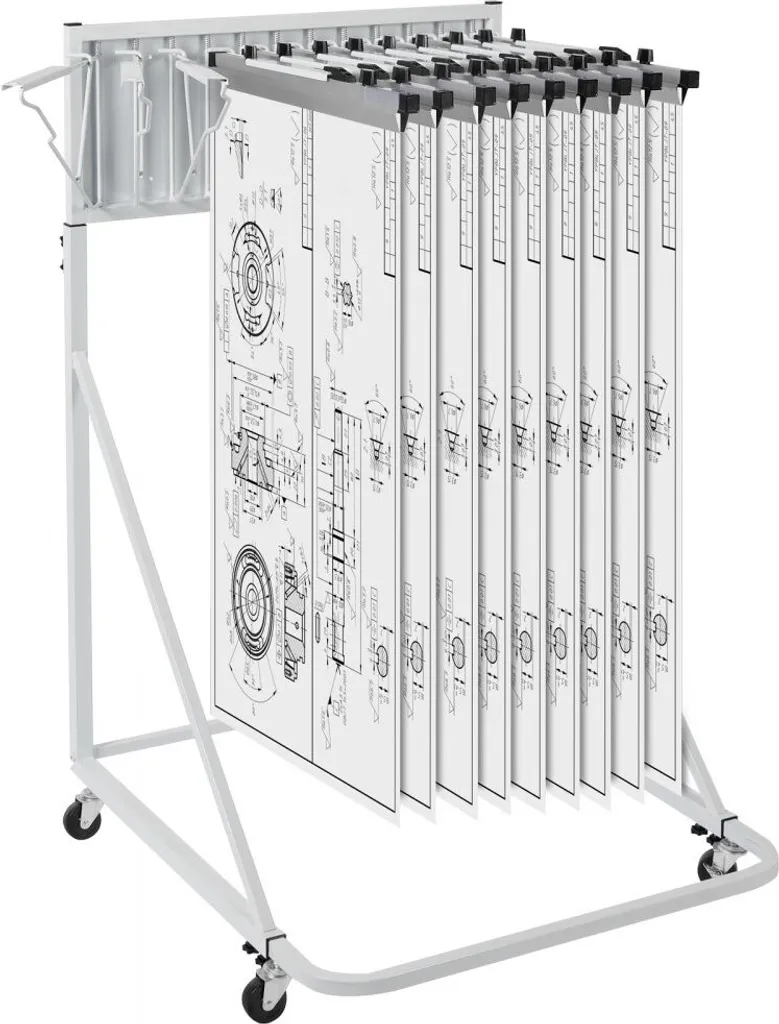 Étagère mobile de rangement de plans avec 12 supports pivotants en acier