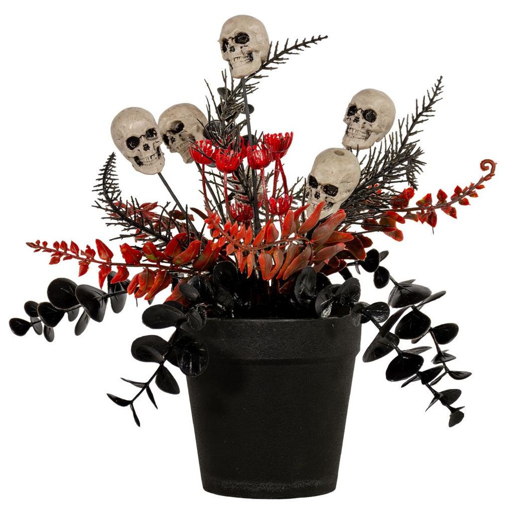 Schwarz-Rote Kunstpflanze mit Totenköpfen 23cm Produktbild 