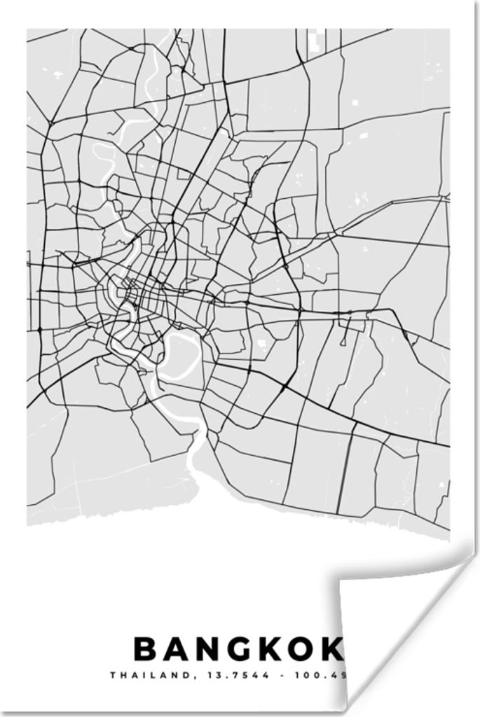 MuchoWow Poster Bangkok - Stadtplan - Schwarz und weiß - Karte 40x60 cm - Plakate für die Wand - Poster Babyzimmer