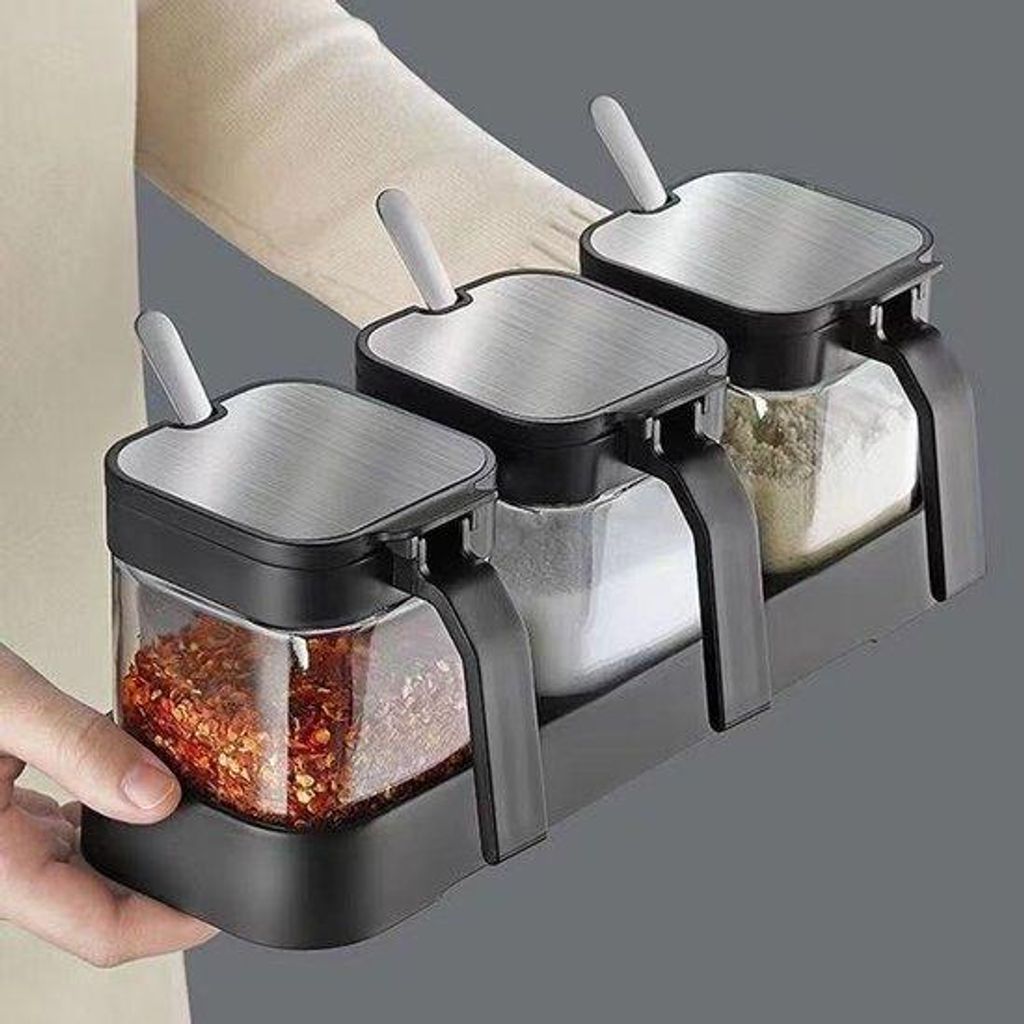 Glaskruidenpotjes, set van 3, 255 ml, heller Glas, kruidenbox, zoutcontainer, suikerkom, zwart
