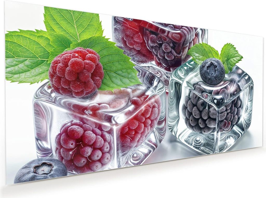 Glasbild 110x55cm in XXL für Wohnzimmer, Schlafzimmer Motiv Eiswürfel Beerenmix
