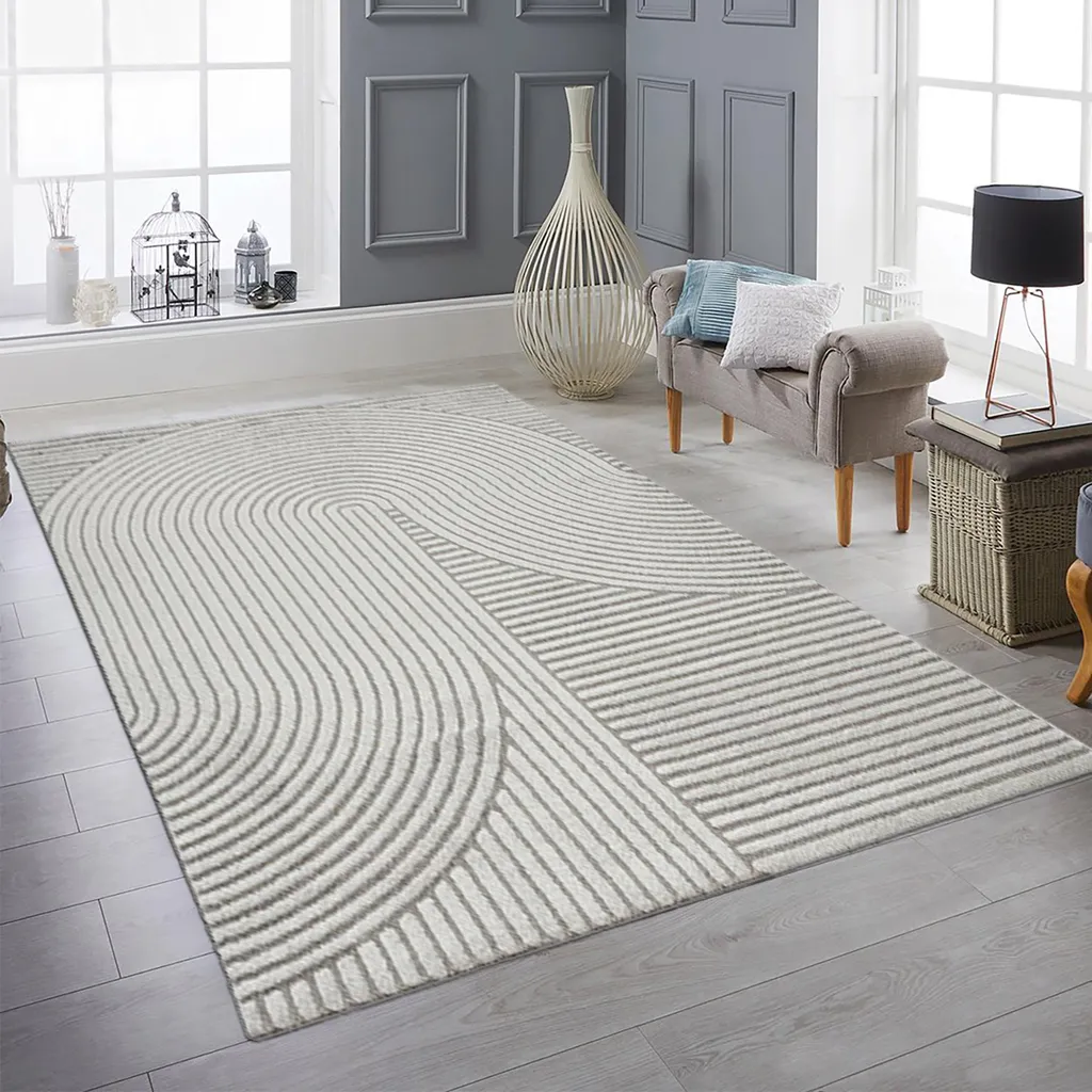 Tapis de salon géométrique gris et blanc 240x340 - Texture soft touch