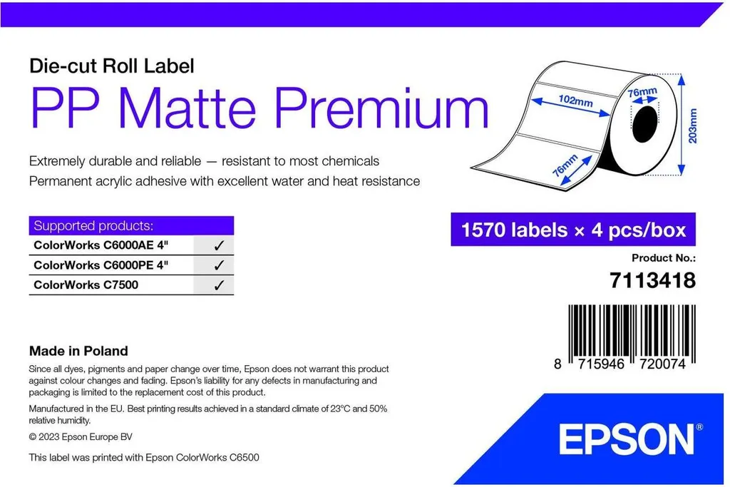 Epson 7113418 Rotolo 1570 Etichette PP Matte 102x76mm Originali