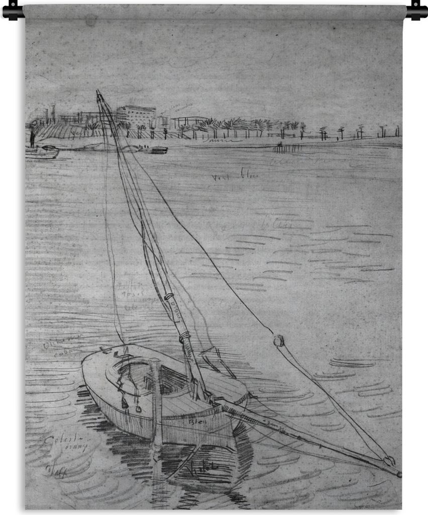 MuchoWow Wandteppich Wandbehang Segelboot auf der Seine bei Asnières - Vincent van Gogh - Schwarz und weiß 150x200 cm Tapisserie Dekoration Wan...
