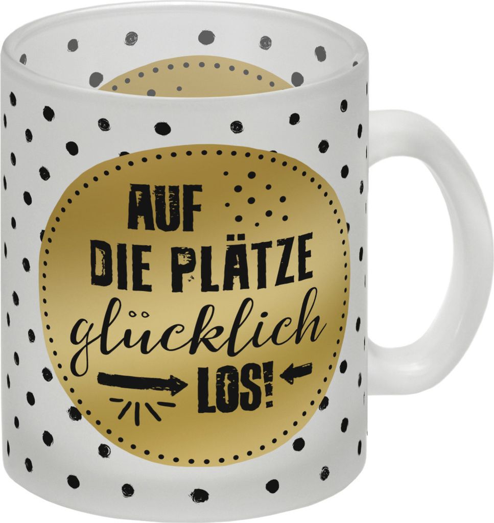 Auf die Plätze, glücklich, los! Glas Tasse mit Glück Motiv
