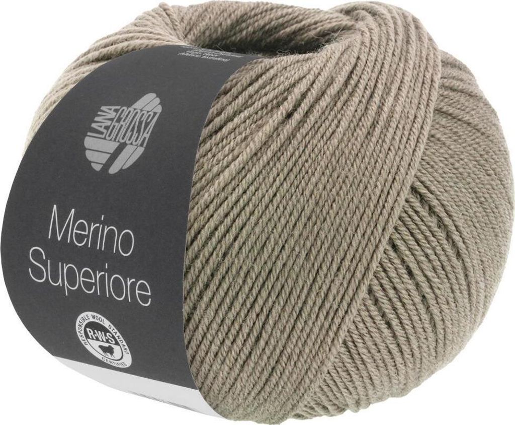 A ball of taupe-colored yarn with a label.