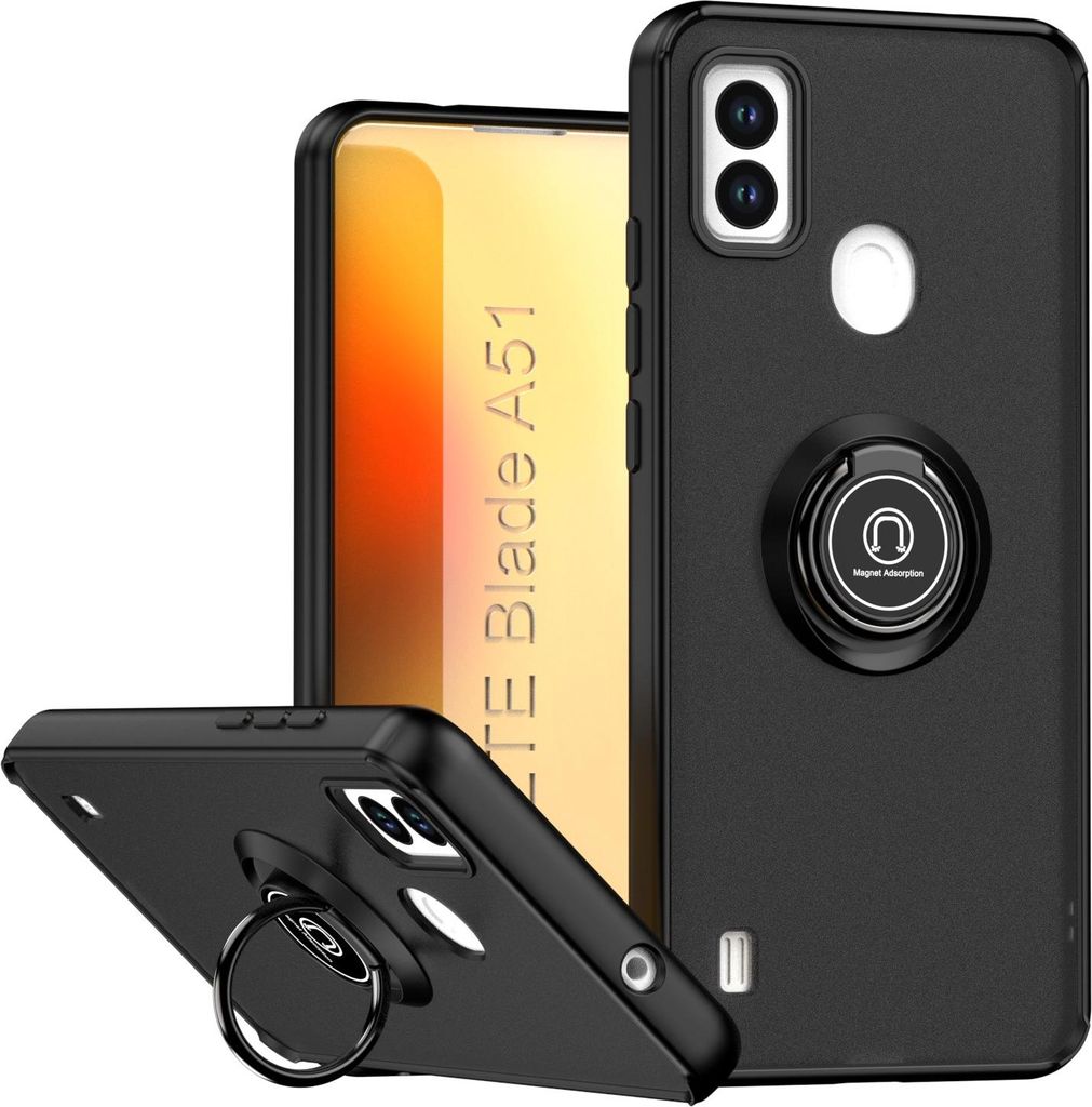 Hülle für ZTE Blade A51 Matte Transluzent TPU Stoßfest Schutzhülle mit Ring Halter Ständer Schwarz