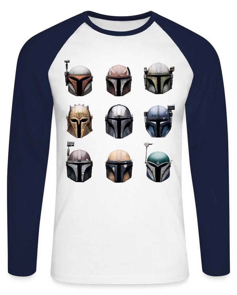 Star Wars: Mandalorian Mandalorianische Helme Baseball Langarmshirt Herren, XXL, Weiß/Navy