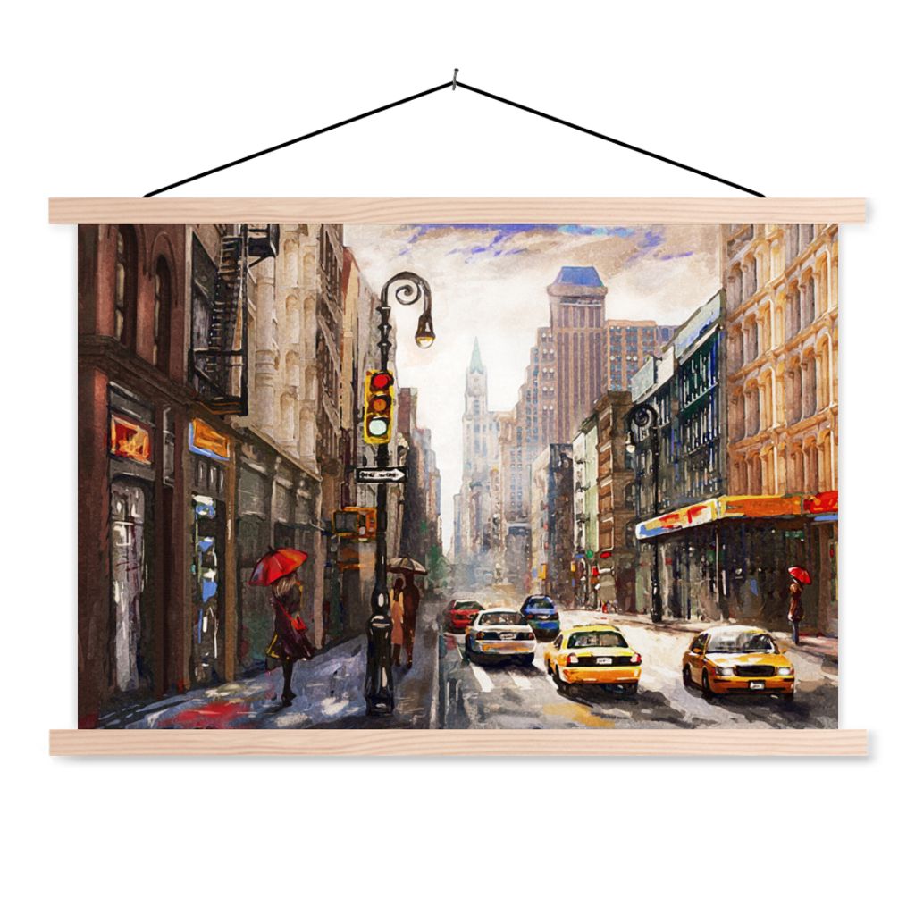 MuchoWow Textilposter Gemälde - Stadt - Auto - Öl 120x80 cm mit holzfarbenen Rahmen - Aufhängeset