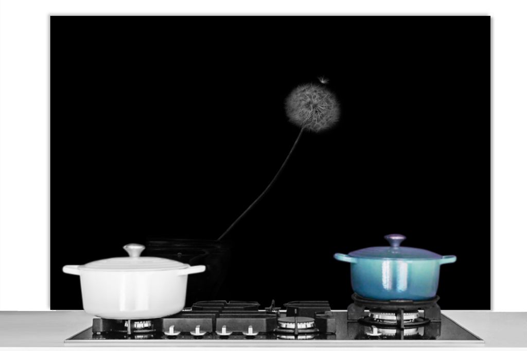 KitchenYeah Spritzschutz Küche - Küchenrückwand - Wandschutz für Herd und Spüle - Blumen - Löwenzahn - Samen - Schwarz - Weiß 120x80 - Alu...