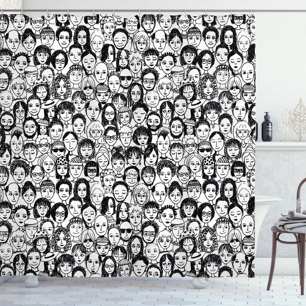 ABAKUHAUS Schwarz und weiß Duschvorhang, Eine Zusammenstellung von Porträts von glücklichen Menschen Viele Ethnien skizzieren Stil, 175 x 240 cm...