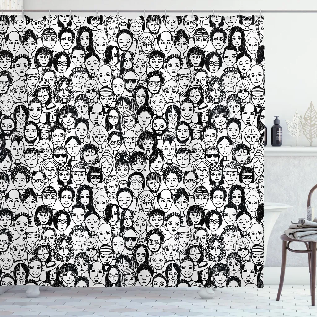 Rideau de douche imperméable motif portraits heureux noir et blanc 175cm