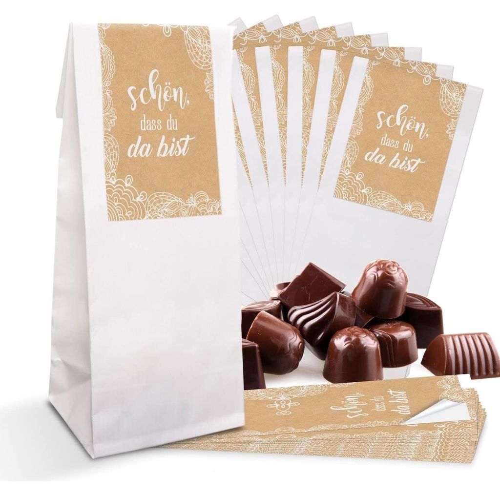25 kleine weiße Papiertüten mit Folieneinlage 7 x 4 x 20,5 cm + 25 ENGEL Aufkleber FROHES FEST braun beige Weihnachtstüten Geschenktüten Verpac...