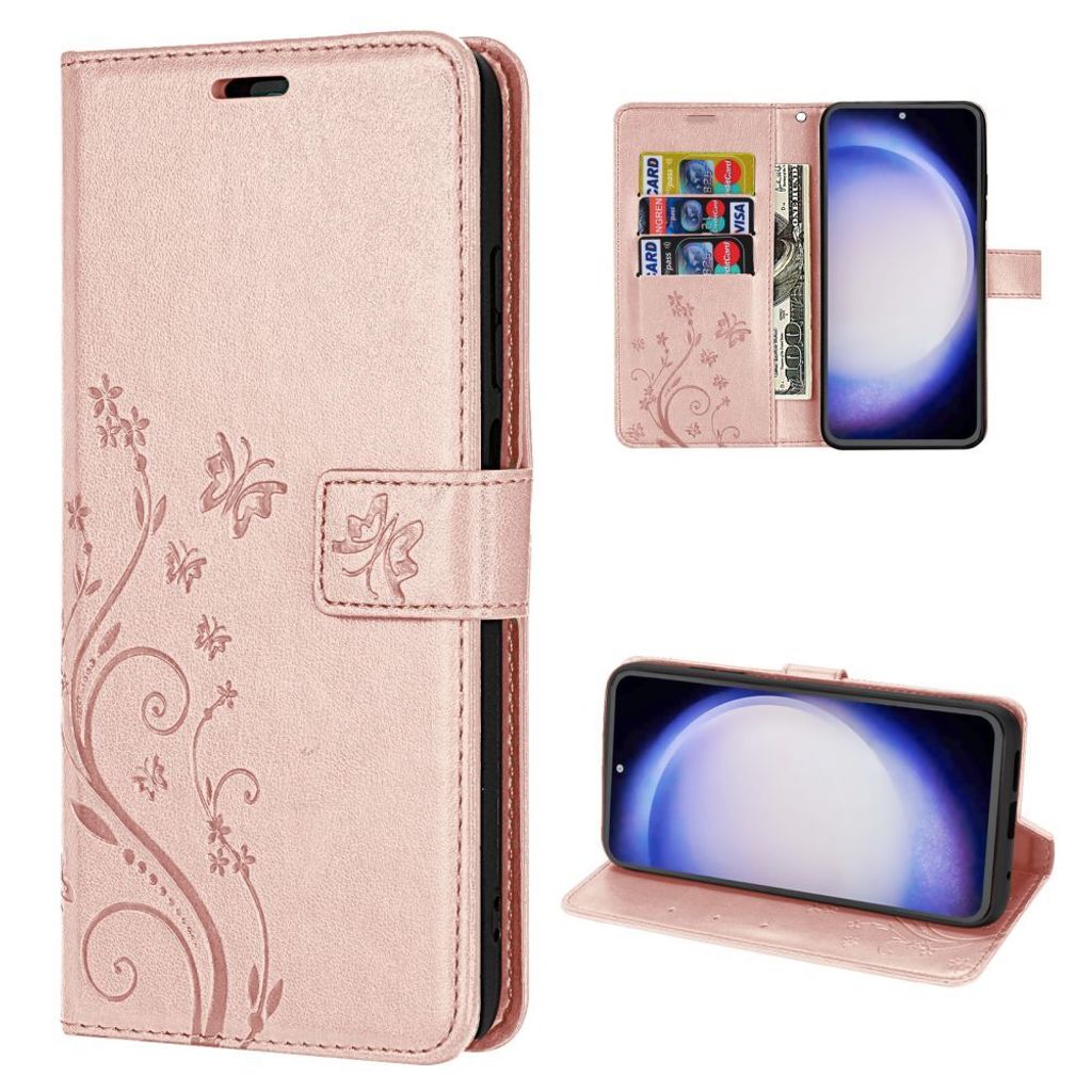 Hülle für Samsung Galaxy S23 FE Handy Tasche Case Schale Flip Cover Handyhülle Blume Rosegold