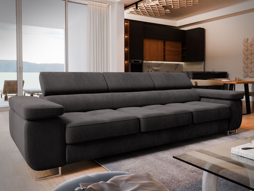Sofa MOSINE Schwarz Velours-Stoff mit Schlaffunktion, Wohnzimmersofa, Couch, Soffa, Bettsofa, Couchgarnitur- Schwarz, MONOLITH 95
